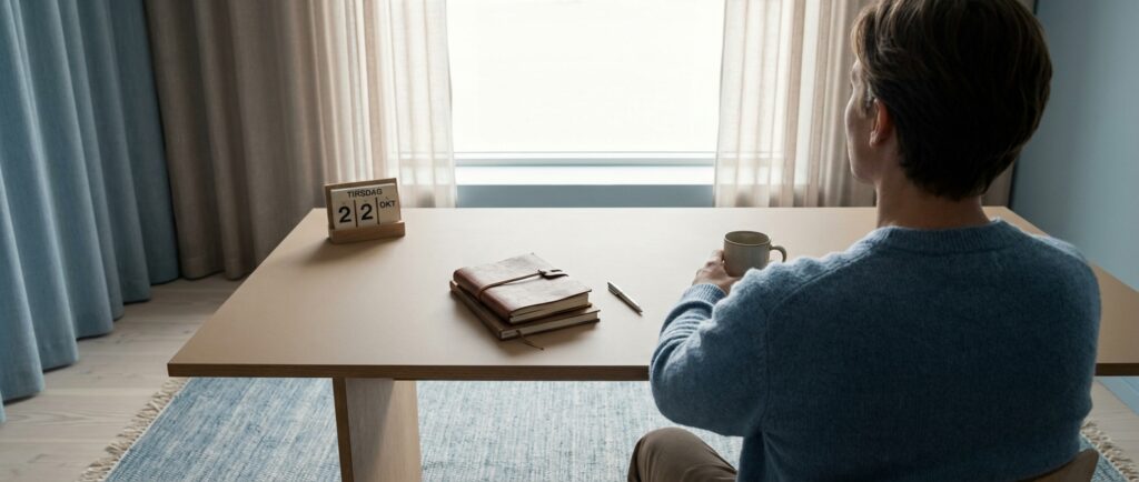 Person kigger roligt ud ad vinduet ved tomt skrivebord. Slip for tastearbejdet og automatiser administrative opgaver med AI i dag.