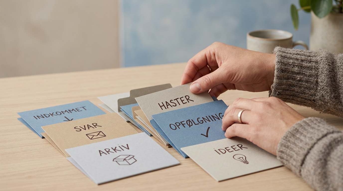 Hænder organiserer farvekodede kort, der viser nem automatisering af administrative opgaver. Slip for tastearbejdet med AI i dag.