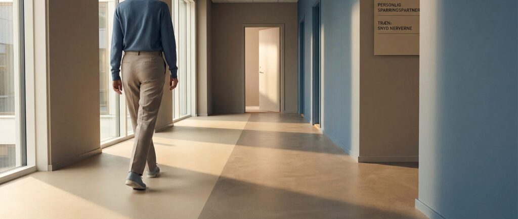 En selvsikker person går roligt ned ad kontorgang, klar til at snyde nerverne og træne jobsamtalen med AI-Voice som personlig sparringspartner.