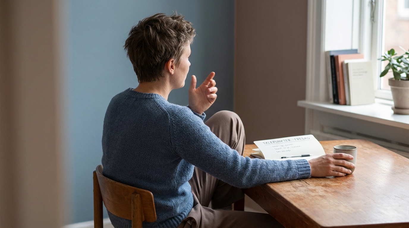 Person øver sig højlydt ved skrivebord, en del af effektiv jobsamtaletræning med AI-Voice som personlig sparringspartner, fjernt fra spejlet.