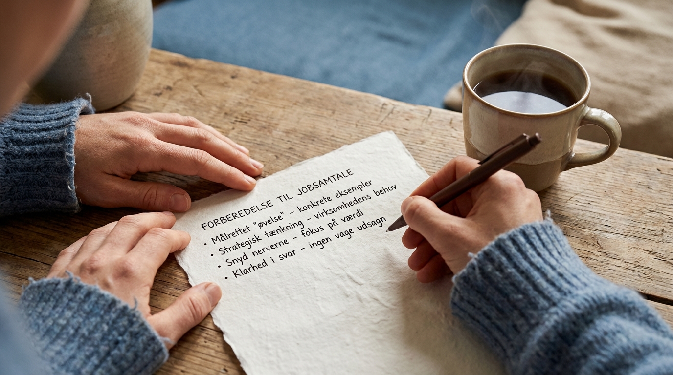 Hænder skriver fokuserede noter, forbereder sig strategisk til jobsamtalen og snyder nerverne med AI-Voice som personlig sparringspartner.