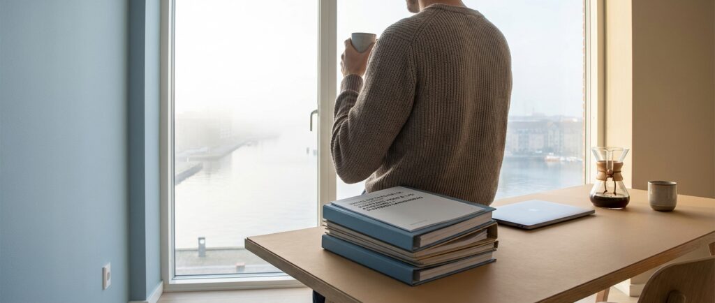 En person nyder en pause, omgivet af organiseret viden, som illustration af 'Spar timer på YouTube: Analysér video og lyd med NotebookLM'.