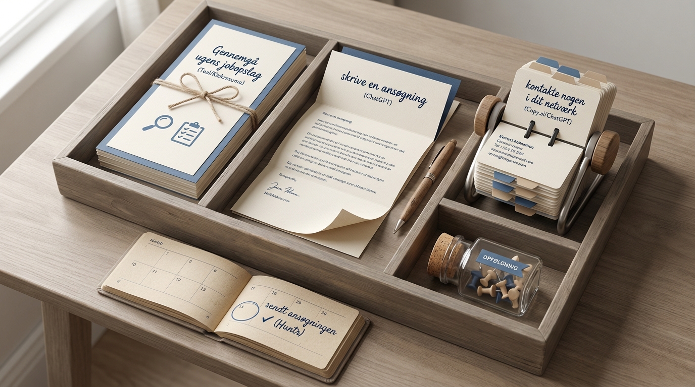 En organiseret værktøjskasse med elementer til jobopslag, ansøgninger og netværk, som del af Top AI-værktøjer til jobsøgere i 2024.