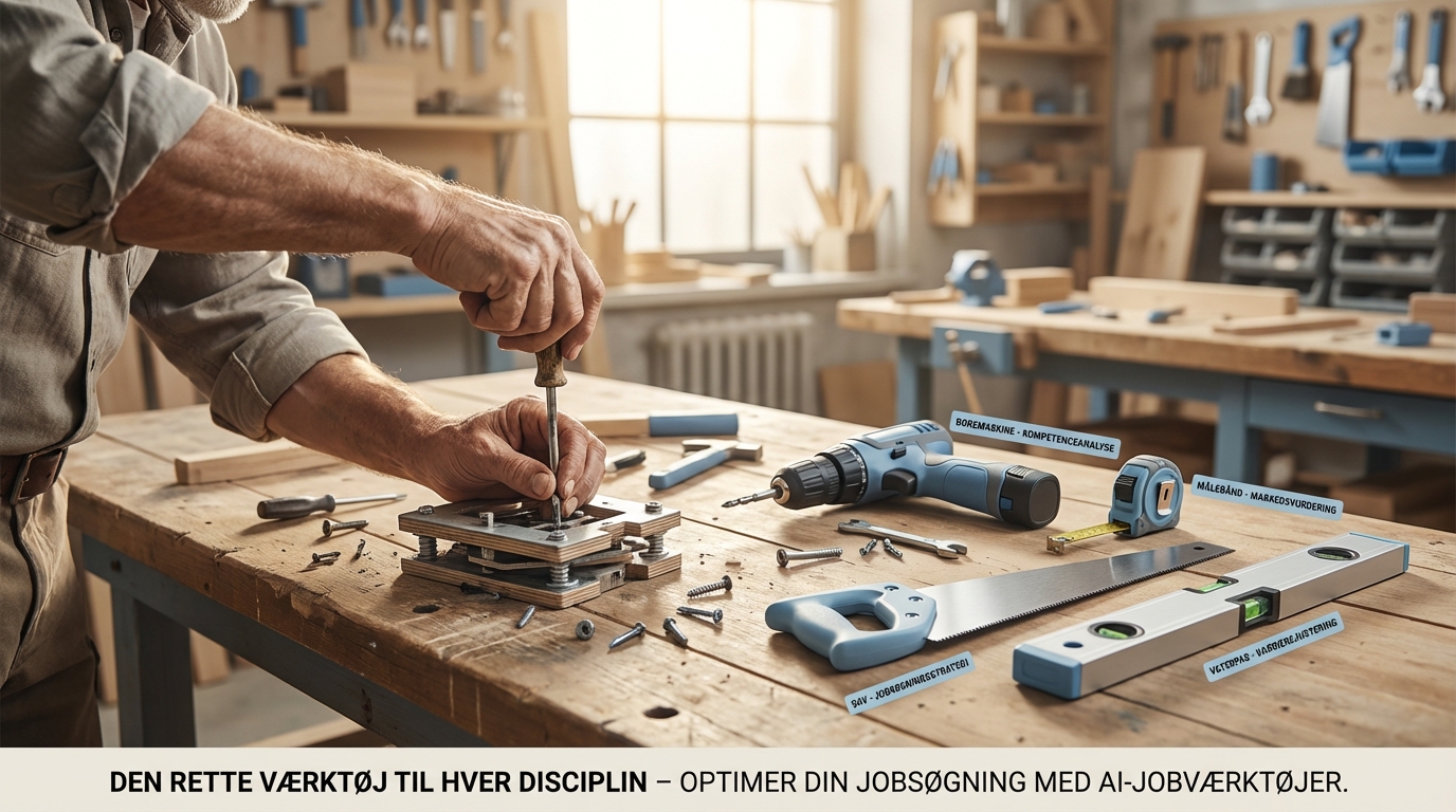 En person kæmper med en skruetrækker, mens andre specialiserede værktøjer ligger klar, illustrerende at ét AI-jobværktøj ikke er nok for jobsøgere.