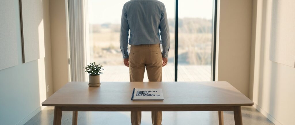 En person nyder fredfyldt udsigt fra et ryddeligt kontor, symbol på dobbelt produktivitet med Wispr Flow.