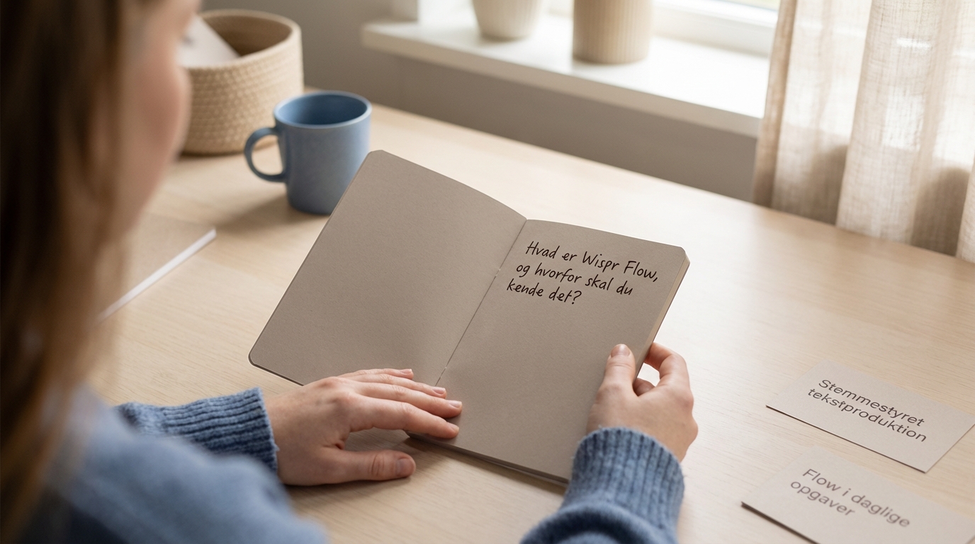 Hænder hviler roligt på skrivebord; symboliserer forståelse af Wispr Flow og stemmestyret tekstproduktion.