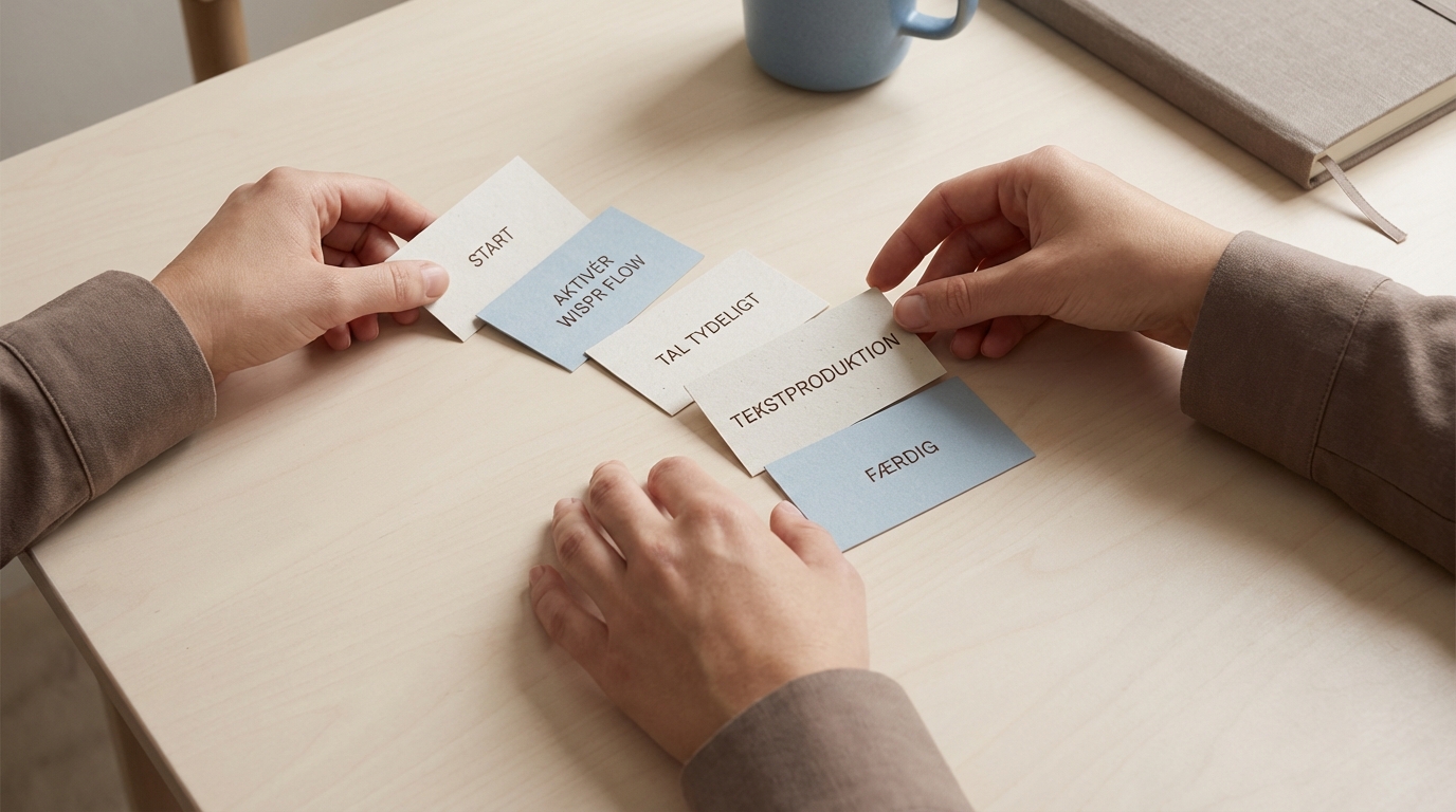 Hænder organiserer guide-kort trin for trin; illustrerer nem start med Wispr Flow og øget produktivitet.