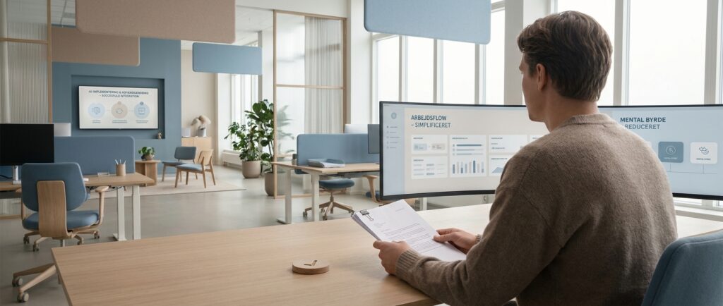 En rolig og overskuelig kontorarbejdsplads, der symboliserer succesfuld adfærdsændring og AI-implementering i organisationer.