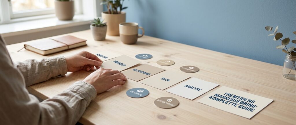 Hænder organiserer en enkel marketingstrategi, symboliserer fremtidens markedsføring med en komplet guide.
