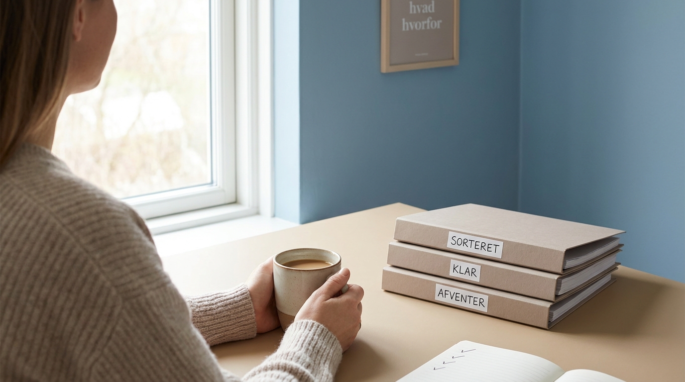 Person tager rolig kaffepause ved et organiseret skrivebord, illustrerer hvad AI marketing er og hvorfor det interesserer.