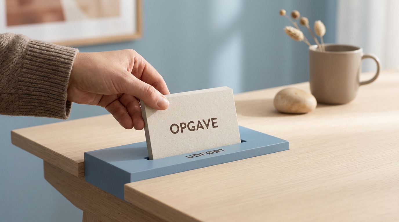 Hånd placerer en fuldført opgave i 'færdig' bakken, viser hvordan man kommer i gang med AI marketing uden at drukne.