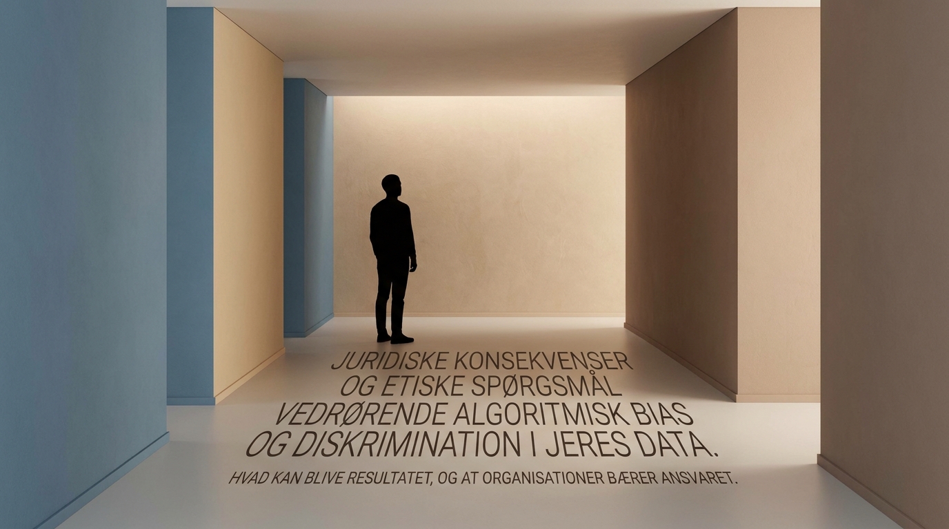Silhuet i minimalistisk korridor symboliserer juridiske konsekvenser af algoritmisk bias og diskrimination.