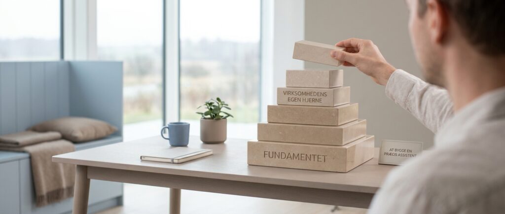Byg virksomhedens egen 'AI-hjerne' og undgå dyre fejl og gætværk En person færdiggør `virksomhedens egen AI-hjerne`, symboliseret ved en solid struktur, for at `undgå dyre fejl og gætværk`.