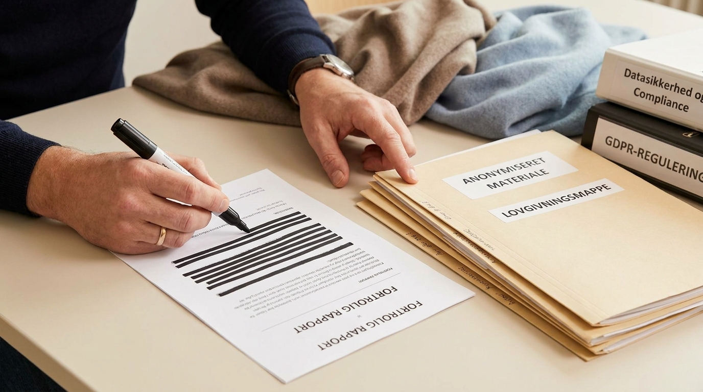 Compliance og AI: Sådan overholder I lovgivningen og EU AI Act Hænder anonymiserer og sorterer fysiske dokumenter, hvilket understreger datasikkerhed og overholdelse af AI-regulering.