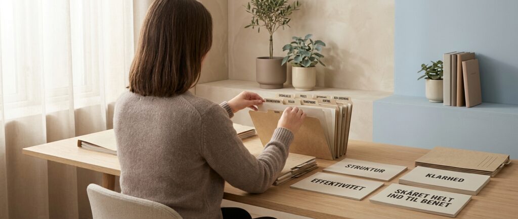 En person organiserer dokumenter på et ryddeligt skrivebord, symboliserende tryg overholdelse af AI-lovgivningen og compliance.