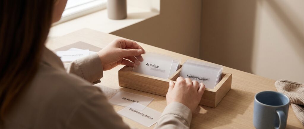 Klare rammer for medarbejderes AI-brug. Organiseret skrivebord med 'AI Politik'-kort, der skaber tryghed.