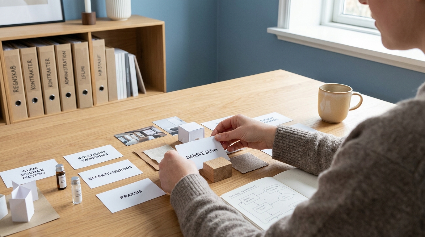 Den Komplette Guide til AI Effektivisering for Danske SMV'er Hænder arrangerer kreative konceptkort, symboliserer effektivisering med AI for danske SMV'er.