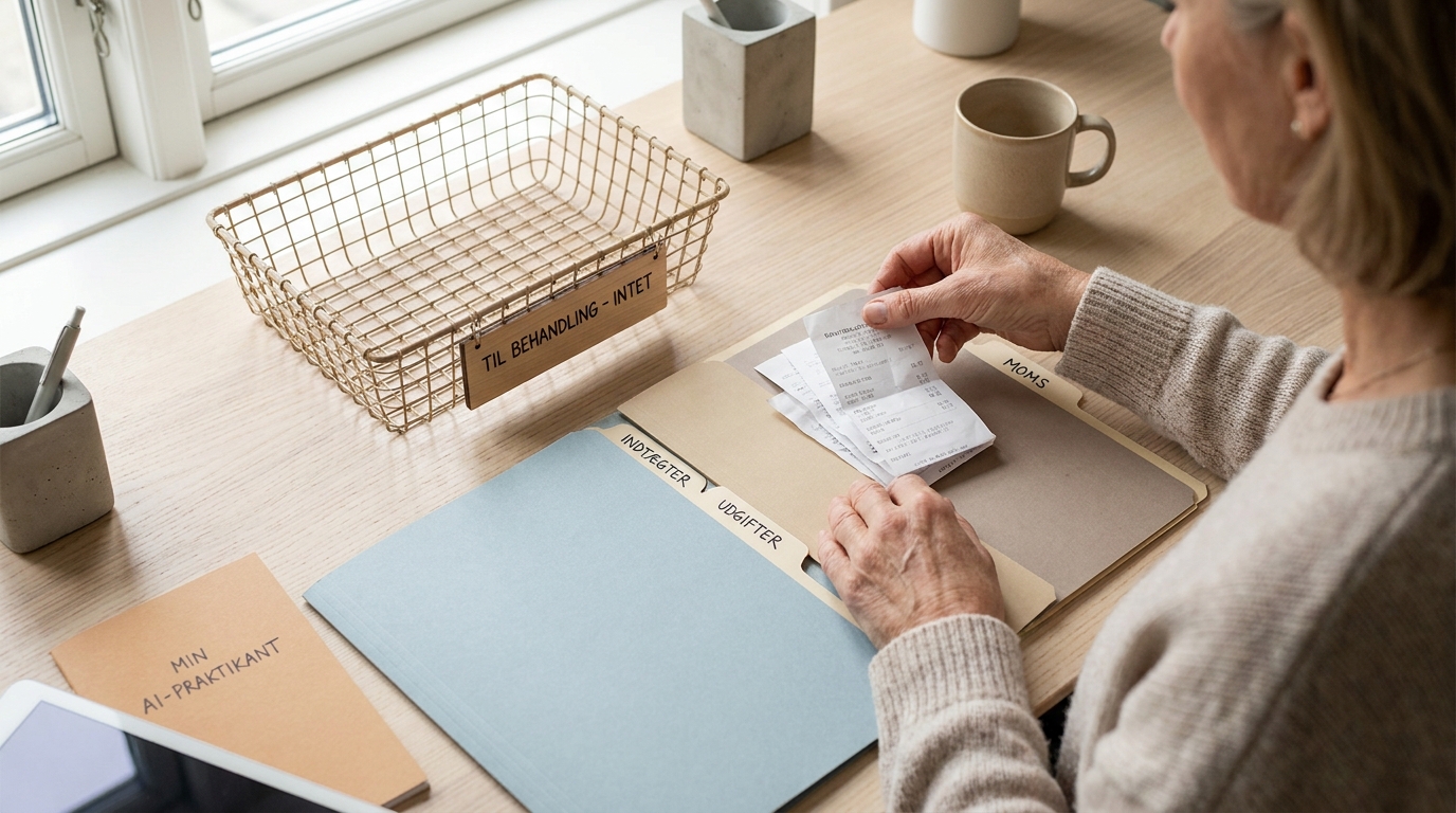 Den Ultimative Guide: AI for Soloprenører og Iværksættere Soloprenørens hænder sorterer nemt bilag. Den Ultimative Guide: AI for Soloprenører og Iværksættere viser effektiv administration.