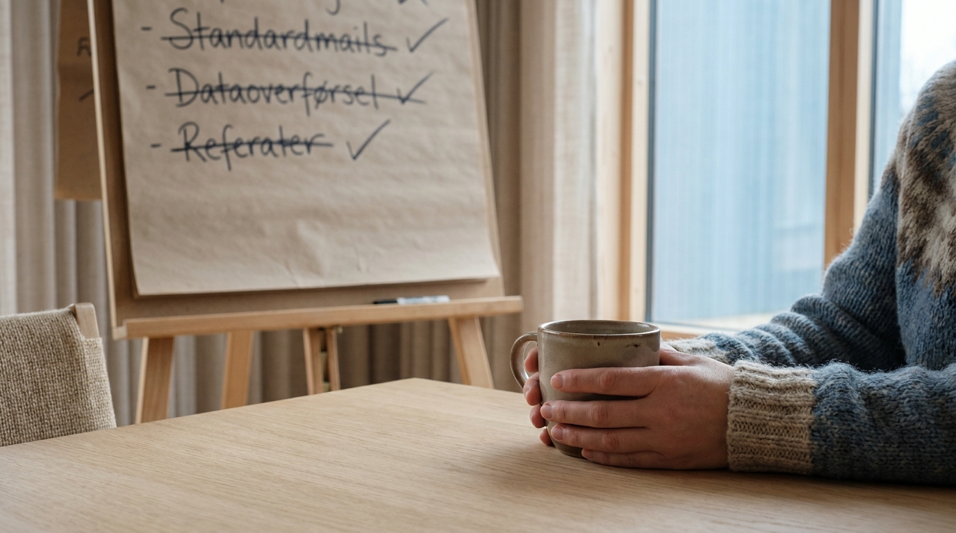 Den Ultimative Start-Guide: Hvad Din SMV Skal Automatisere (Før I Investerer Stort) Hænder med kaffekop ved en tavle, der viser de automatiserede opgaver fra Den Ultimative Start-Guide.
