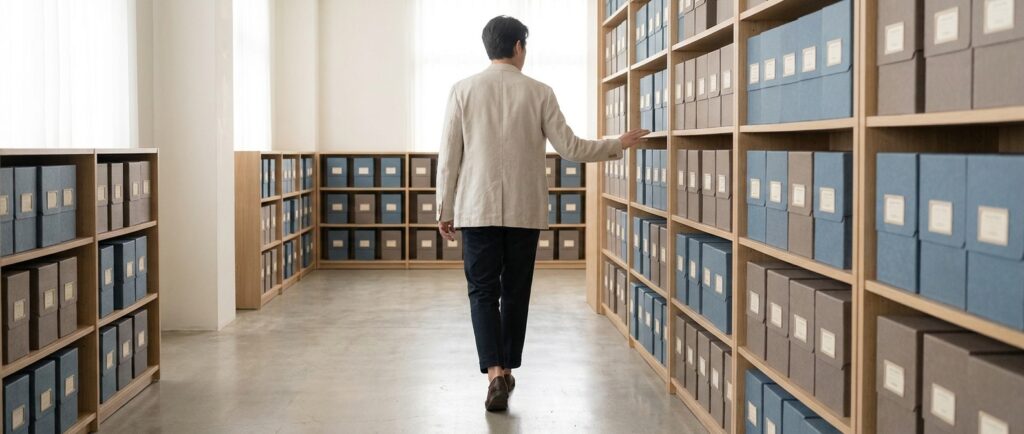 En person navigerer trygt i et strømlinet arkivrum, der symboliserer, at jeres data er klar til AI, en guide til klargøring af IT-infrastruktur.