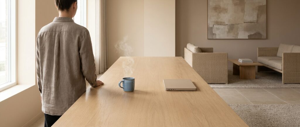 En person nyder en varm kaffe ved et ryddeligt skrivebord, symboliserer flydende workflows. Forbind Dine Systemer: Skab Smarte AI Integrationer.