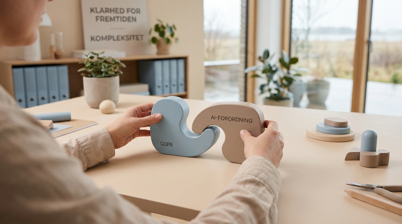 Forstå EU's AI Act: Hænder arrangerer to figurer, der symboliserer GDPR og AI Act, som hænger sammen.