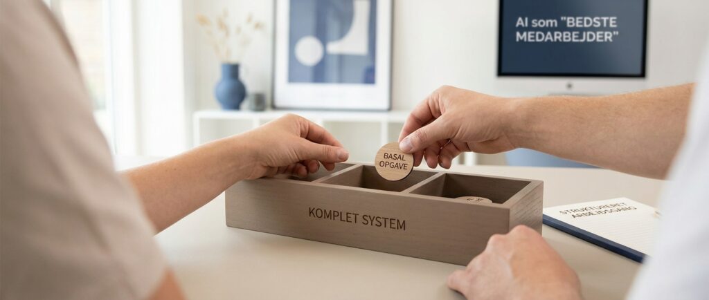 En hånd placerer en opgave i et organiseret, komplet system. Fra chatvindue til din bedste medarbejder i Claude.