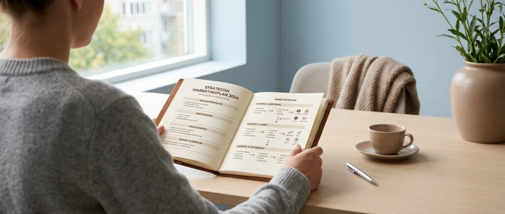 En person gennemgår en færdig, struktureret marketingplan i en notesbog. Fra løs idé til færdig plan: Brug Claude AI som din strategiske marketingpartner.