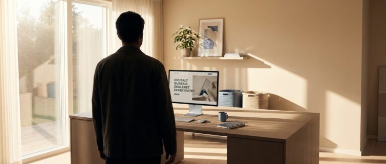 En selvsikker soloprenør skalerer sin one-person business. "Fra Soloprenør til Digitalt Bureau: Skaler Din One-Person Business med AI."