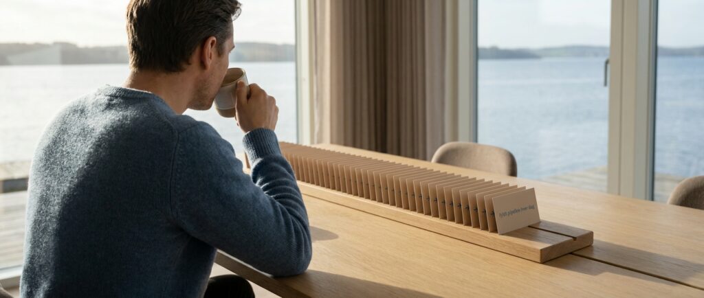 En soloprenør nyder en rolig morgen, mens en fyldt B2B pipeline med nye leads effektivt organiseres dagligt, takket være AI.
