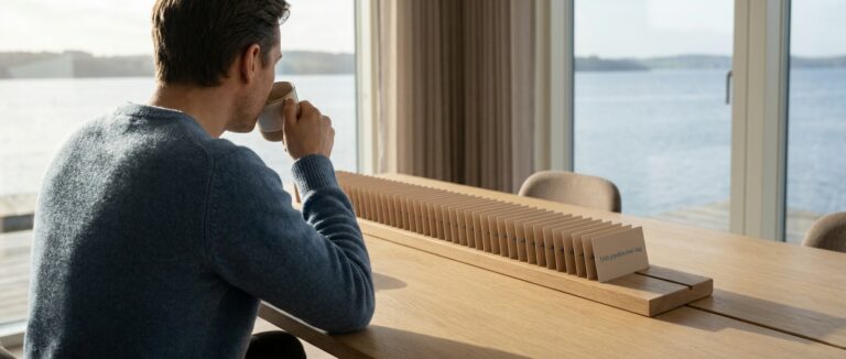 En soloprenør nyder en rolig morgen, mens en fyldt B2B pipeline med nye leads effektivt organiseres dagligt, takket være AI.