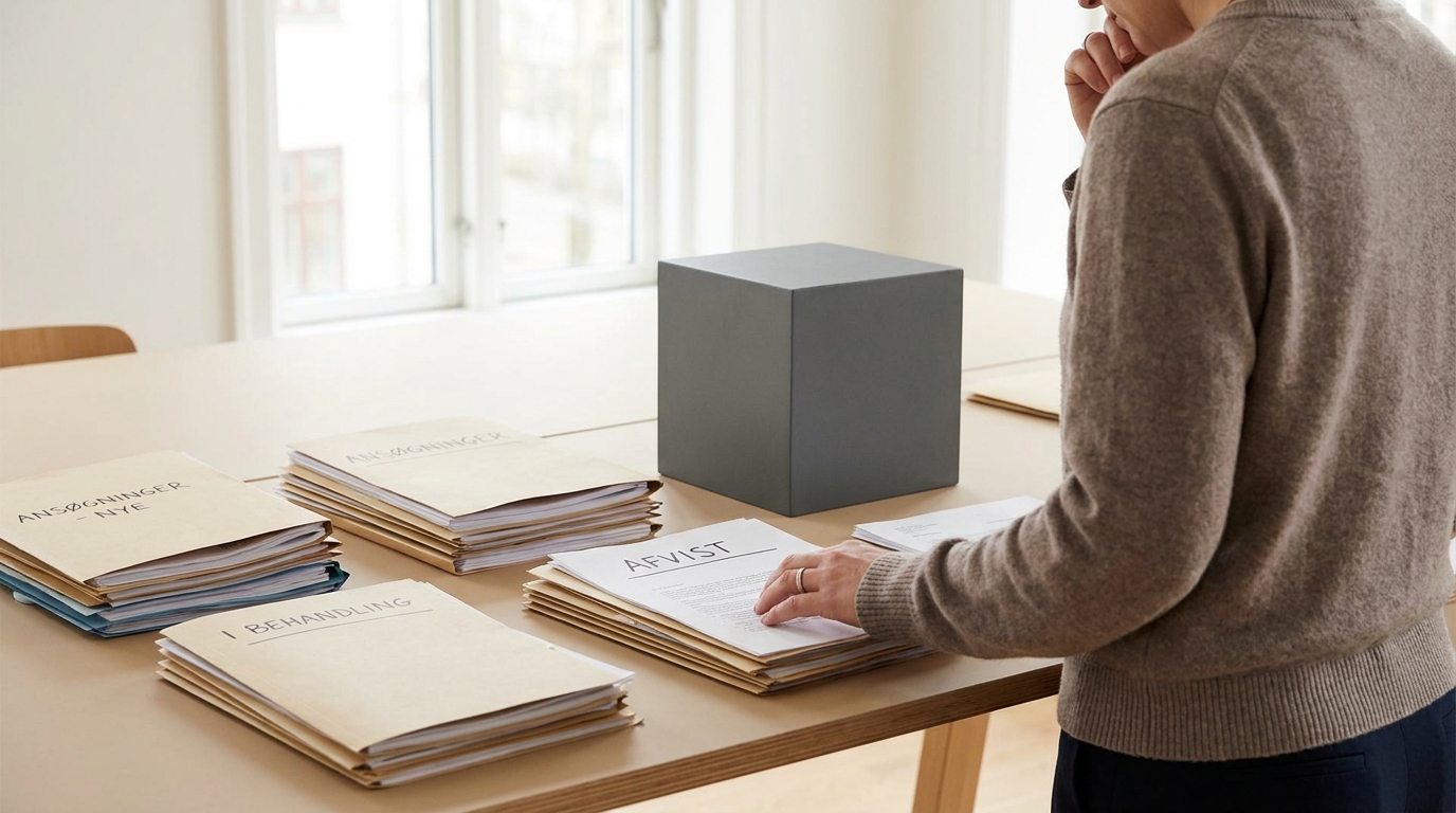 En person undrer sig over en uigennemsigtig 'black box' ved siden af sorterede dokumenter, der illustrerer mangel på gennemsigtighed i AI-beslutninger.