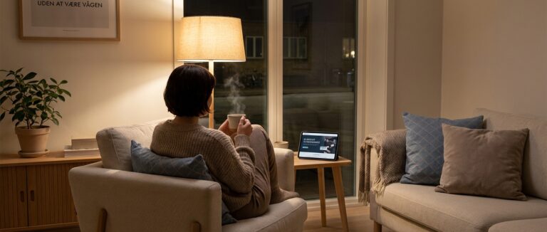En soloprenør slapper af om natten, tryg ved AI-drevet 24/7 kundeservice og fri for bekymringer.