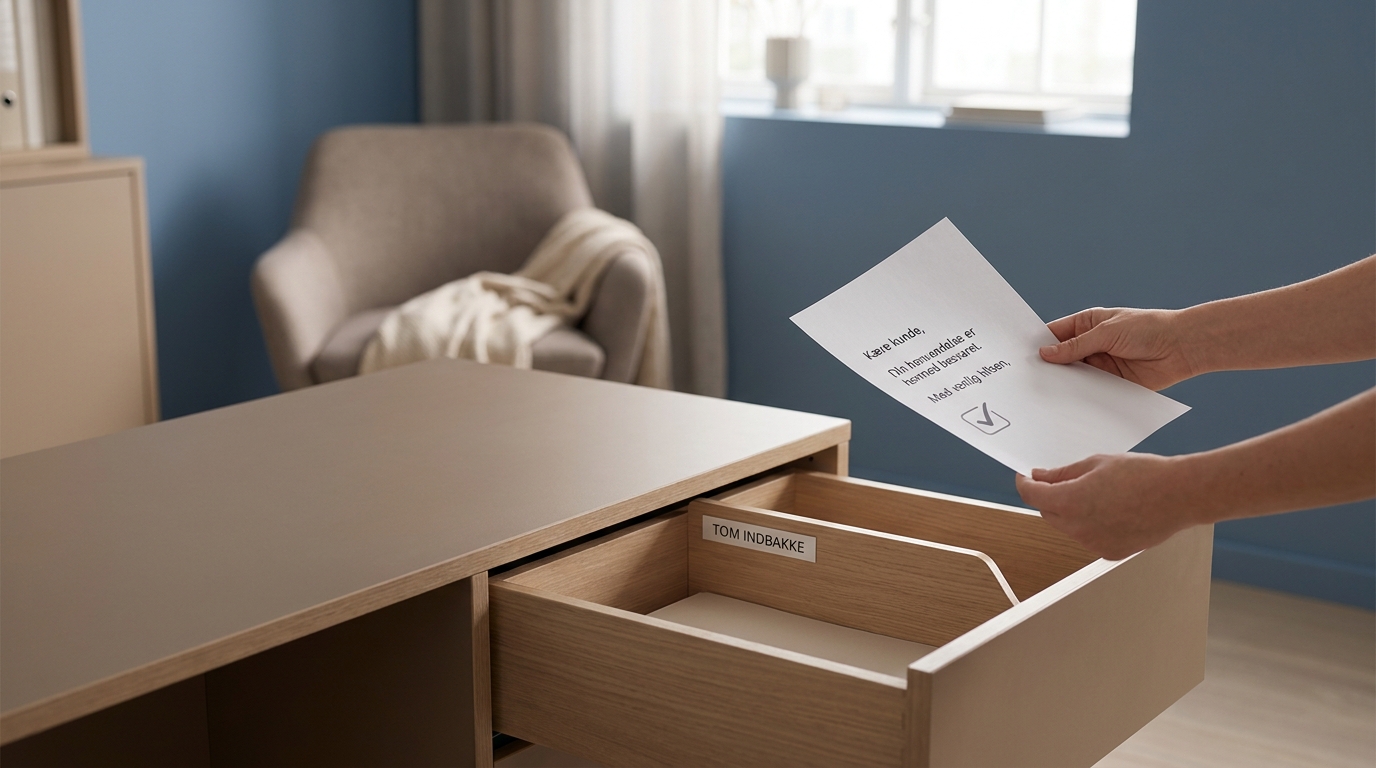 Hænder på et rent skrivebord, symboliserer hurtige gevinster fra AI til mails.