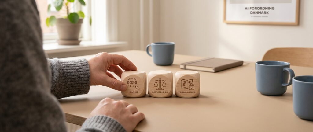 Tre simple blokke symboliserer klar forståelse af AI Act Danmark.