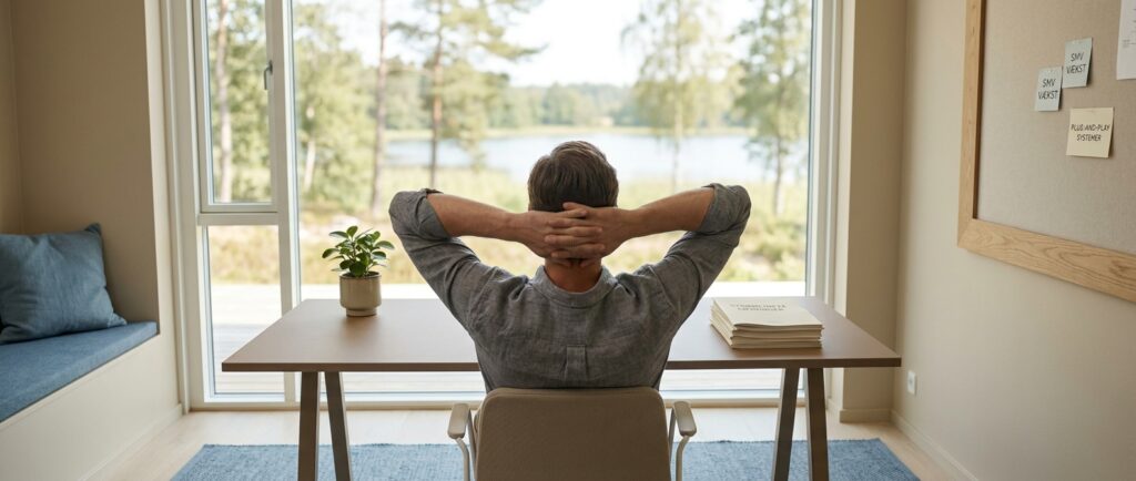 En rolig professionel nyder overblikket ved et ryddeligt skrivebord efter at have implementeret AI plug-and-play løsninger uden IT-afdeling.