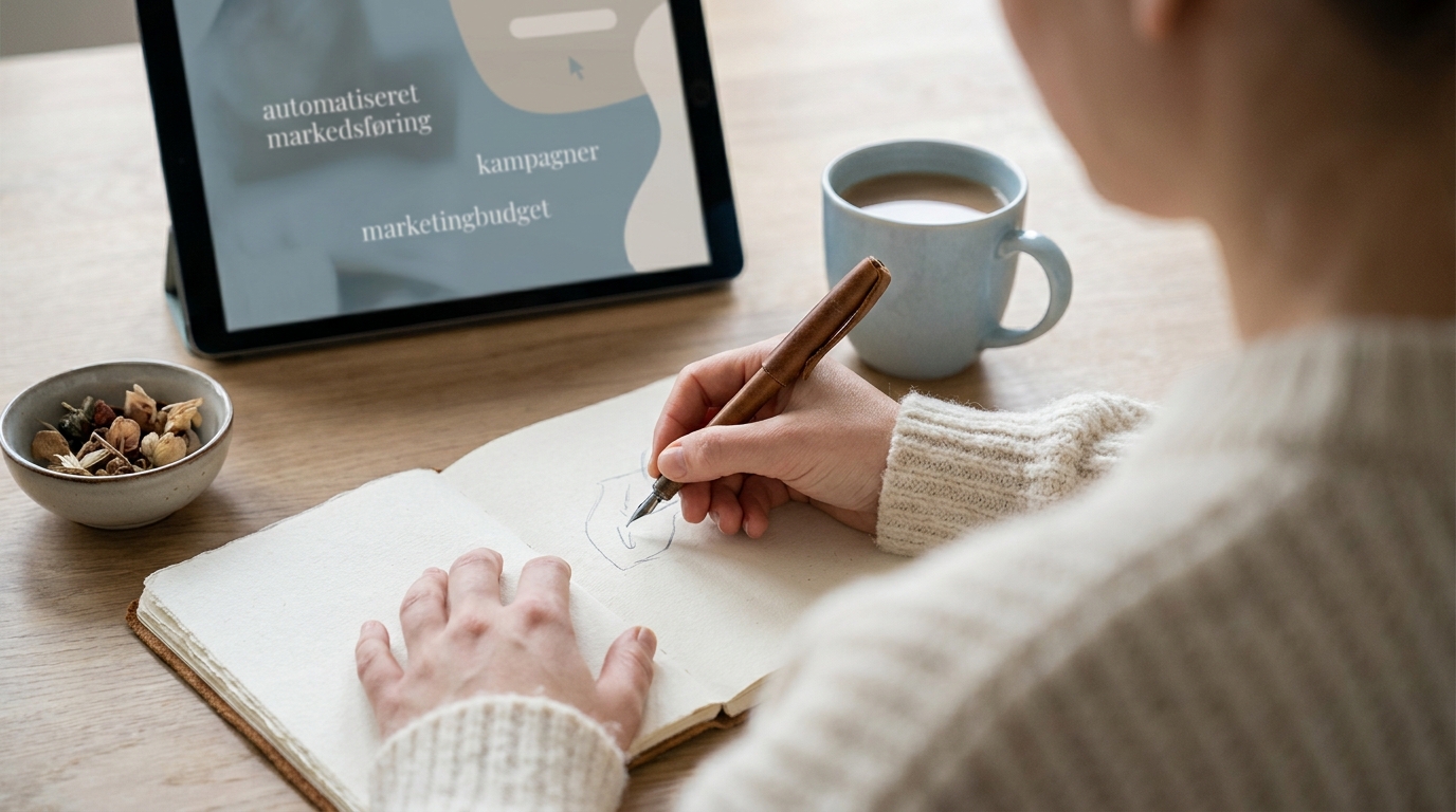 Maksimér dit marketingbudget: Sådan automatiserer du kampagner med AI En person koncentrerer sig om kreative opgaver, mens AI optimerer marketingbudgettet og automatiserer kampagner.