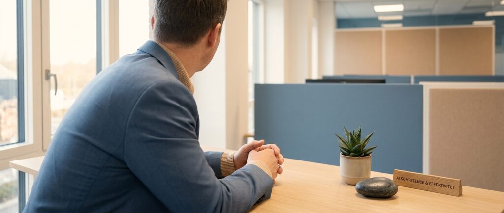 En person ser selvsikkert på et ryddeligt skrivebord i et lyst kontor, symbol på forbedret bundlinje med AI-kompetencer.