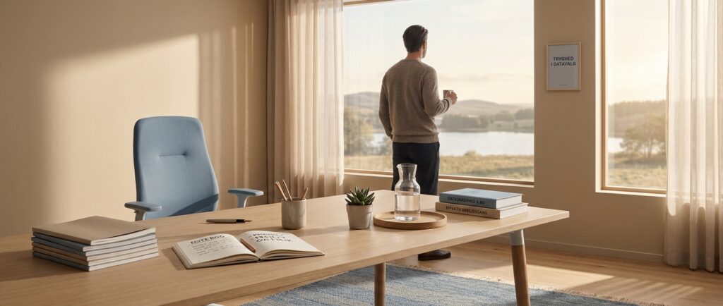 En person nyder roen i et opryddet kontor, symboliserende tryghed med AI-valg for GDPR-sikkerhed i Microsoft Copilot vs. ChatGPT Enterprise.