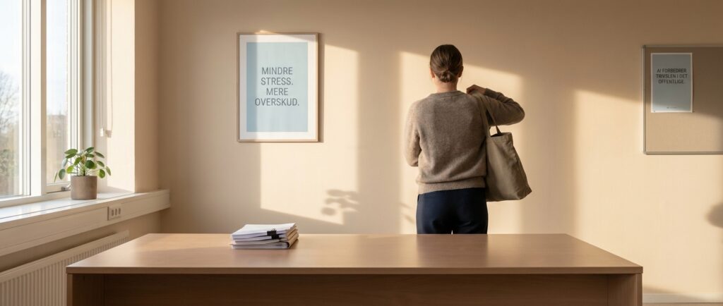 Rolig kontorstemning med minimalt papirarbejde, der afspejler mindre stress og mere overskud forbedret af AI.