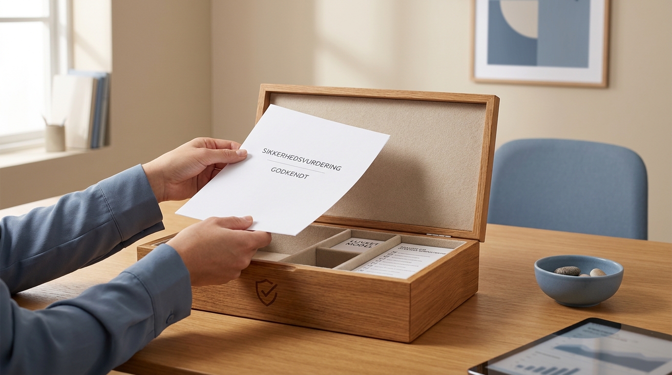Oversigt: Godkendte og sikre AI-værktøjer til den offentlige administration Hænder der omhyggeligt placerer dokumenter i en sikker, lukket boks, der symboliserer godkendte og sikre AI-værktøjer.