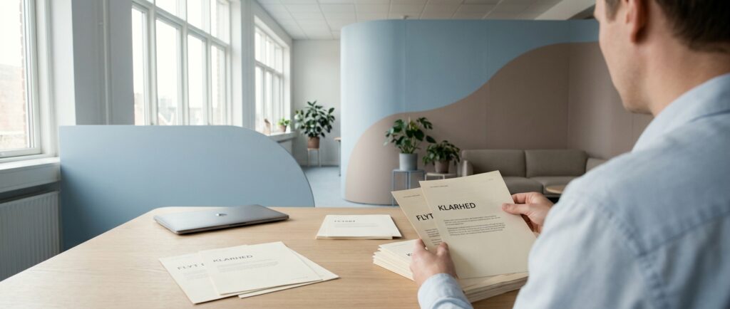 En medarbejder organiserer roligt dokumenter i et lyst, ryddeligt nordisk kontor, symboliserende Pædagogisk AI-oplæring: Få medarbejderne med på den digitale bølge uden frygt.