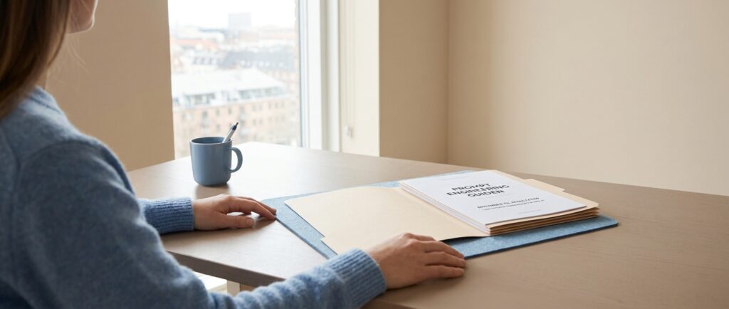 En person foran et minimalistisk skrivebord, udstrålende ro og overblik efter at have lært at tale med AI for bedre resultater.