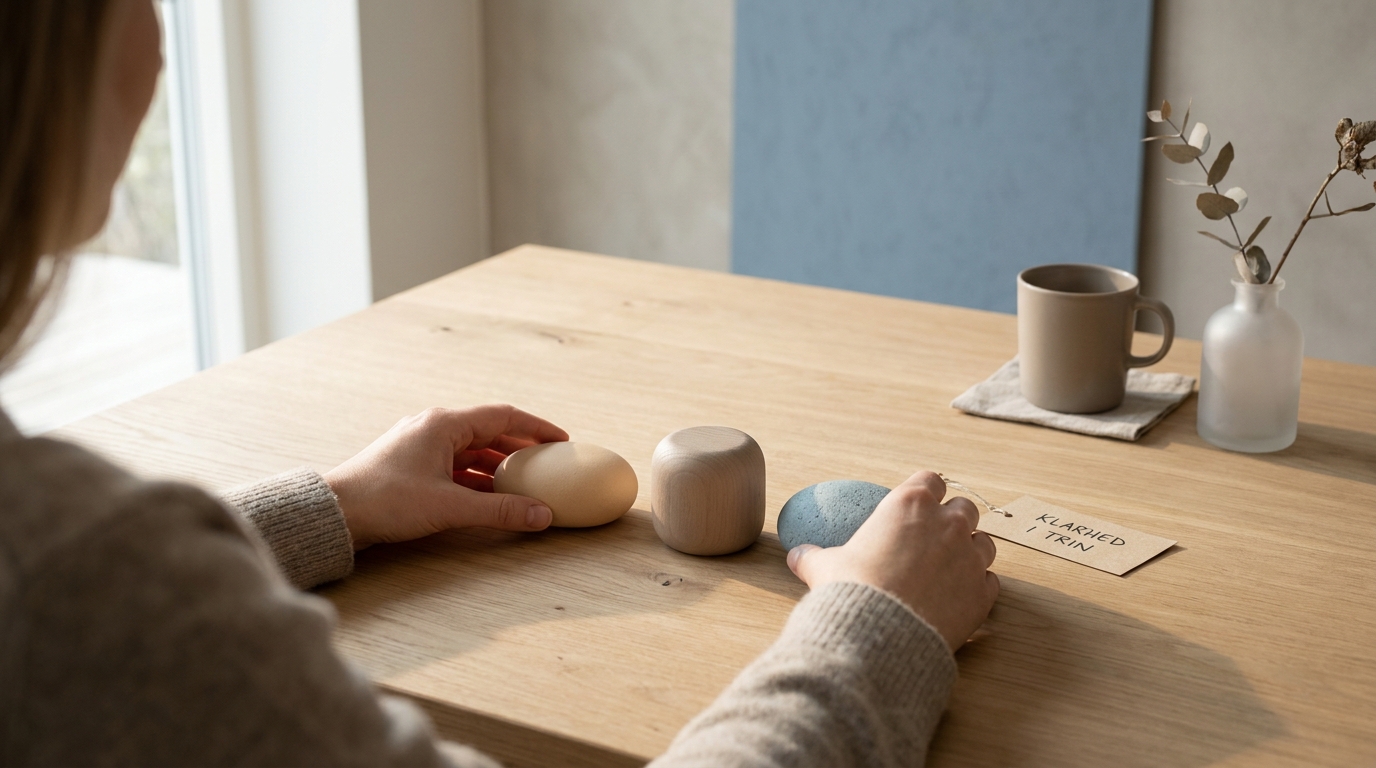 Roadmap til tryg AI-adoption: Ledelsens trin-for-trin guide til skalering Tre enkle, fysiske elementer arrangeres roligt for at vise de '3 faser' i AI-adoption, skabende 'ro i maven'.
