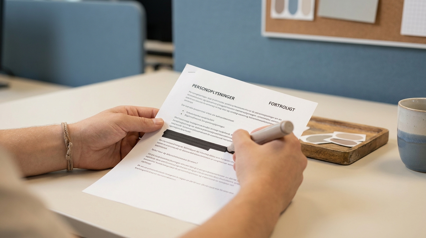 Hænder anonymiserer fortrolige oplysninger, som en del af Sikker AI i det offentlige: Din guide til at beskytte data og borgere.