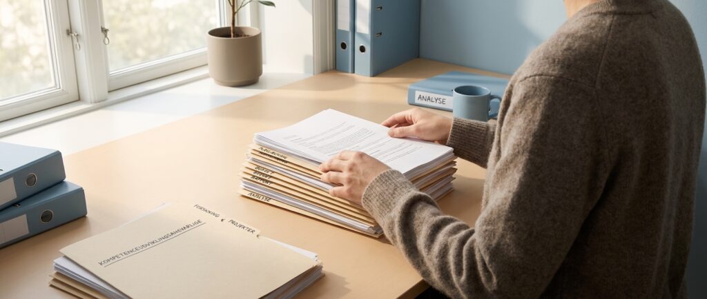 Person organiserer forskningsbaseret viden, reducerer medarbejder AI-angst via kompetenceudvikling.