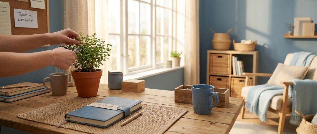 Et roligt skrivebord med en plante og notesbog, der symboliserer overskud efter at en praktisk AI-workshop forklarer, hvad der frigiver tid.