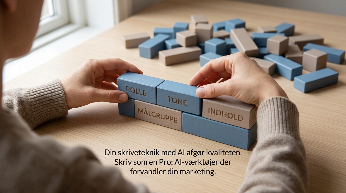 Hænder samler tydeligt mærkede byggeklodser, der repræsenterer 'input' til AI-værktøjer, der forvandler din marketing, med fokus på kvalitet.