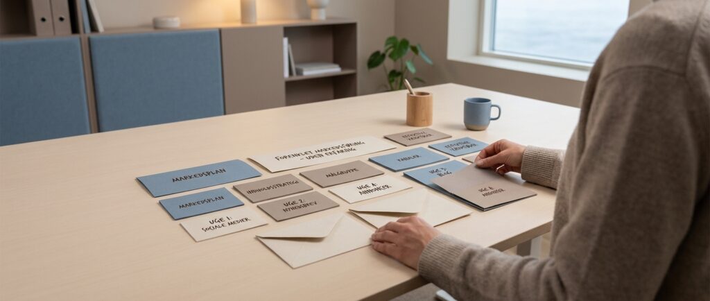 En rolig person organiserer professionelt indhold på et minimalistisk skrivebord, symboliserende 'Skriv som en Pro: AI-værktøjer der forvandler din marketing (også uden erfaring)'.