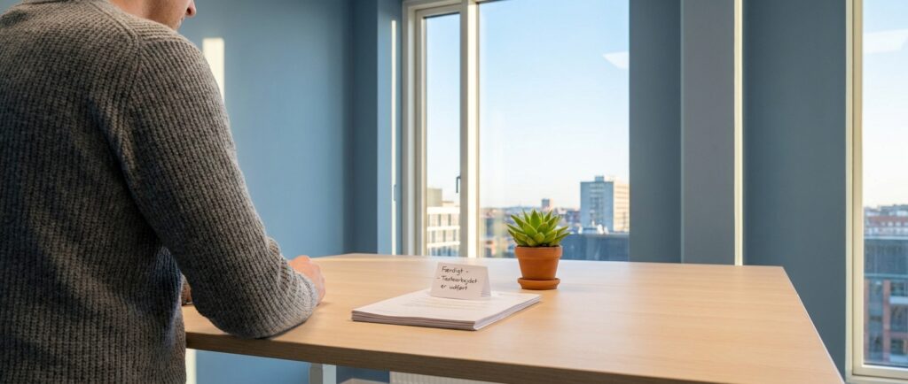 En person nyder en ryddelig arbejdsplads efter at have automatiseret kedeligt tastearbejde. Slip for tastearbejdet: Automatiser dine administrative opgaver med AI i dag.